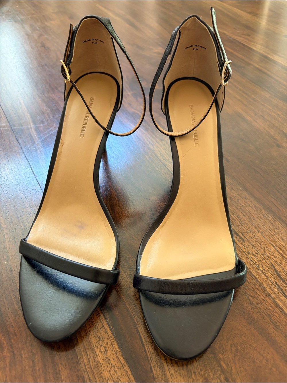 Sz 11 Banana Republic Black Leather Ankle-Strap Heels with Gold Buckle EUC